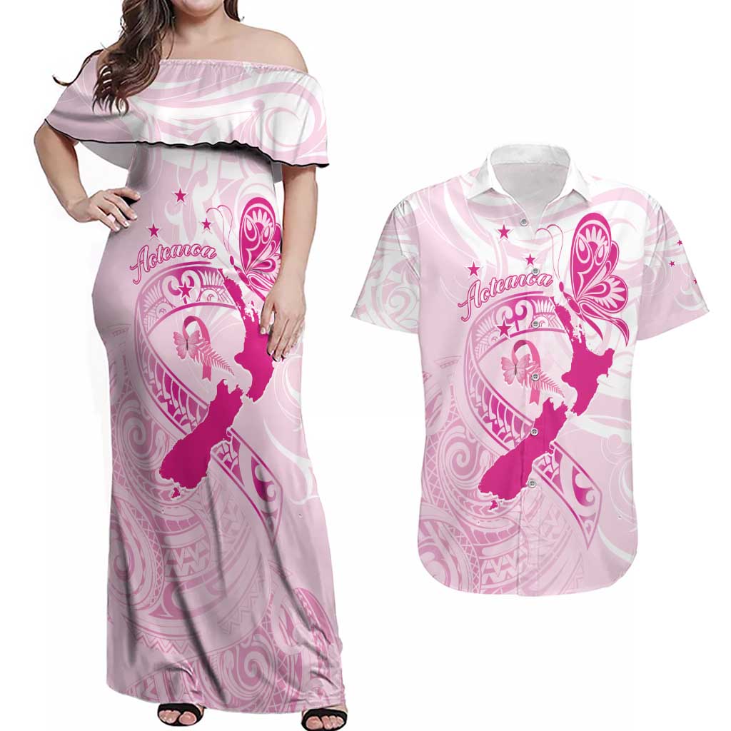 Personalised Aotearoa Breast Cancer Couples Matching Off Shoulder Maxi Dress and Hawaiian Shirt New Zealand Maori Pattern