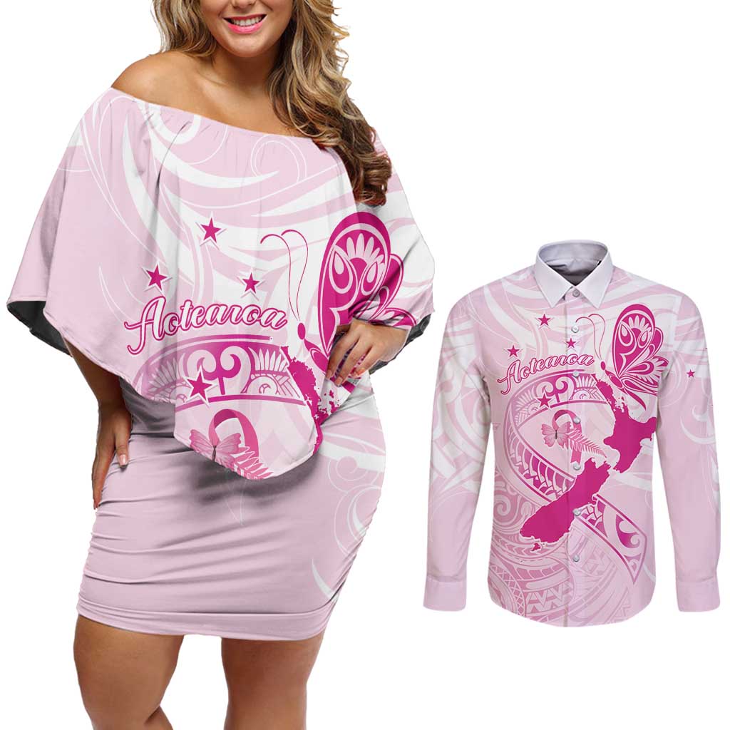 Personalised Aotearoa Breast Cancer Couples Matching Off Shoulder Short Dress and Long Sleeve Button Shirt New Zealand Maori Pattern