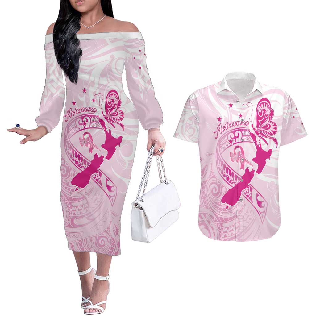 Personalised Aotearoa Breast Cancer Couples Matching Off The Shoulder Long Sleeve Dress and Hawaiian Shirt New Zealand Maori Pattern