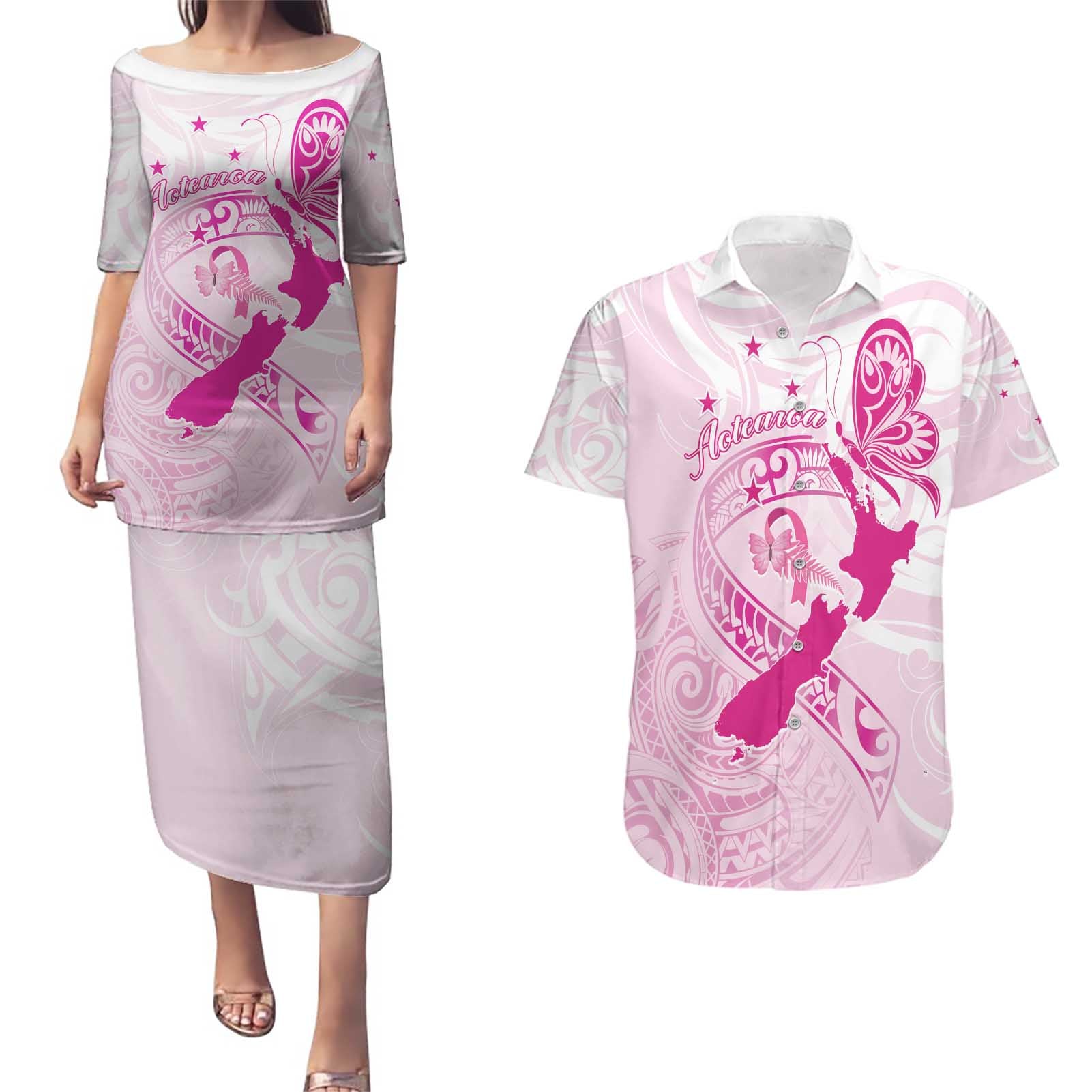 Personalised Aotearoa Breast Cancer Couples Matching Puletasi and Hawaiian Shirt New Zealand Maori Pattern