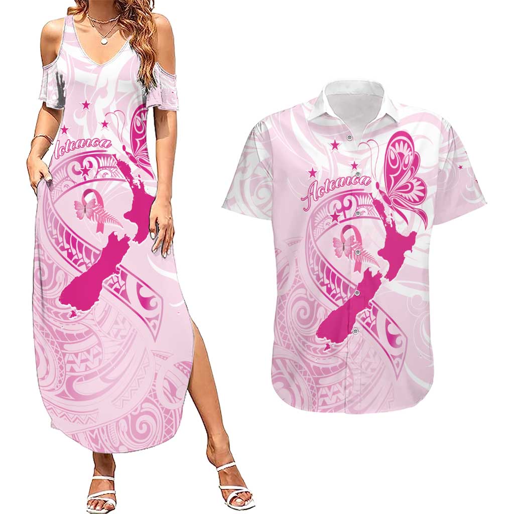 Personalised Aotearoa Breast Cancer Couples Matching Summer Maxi Dress and Hawaiian Shirt New Zealand Maori Pattern