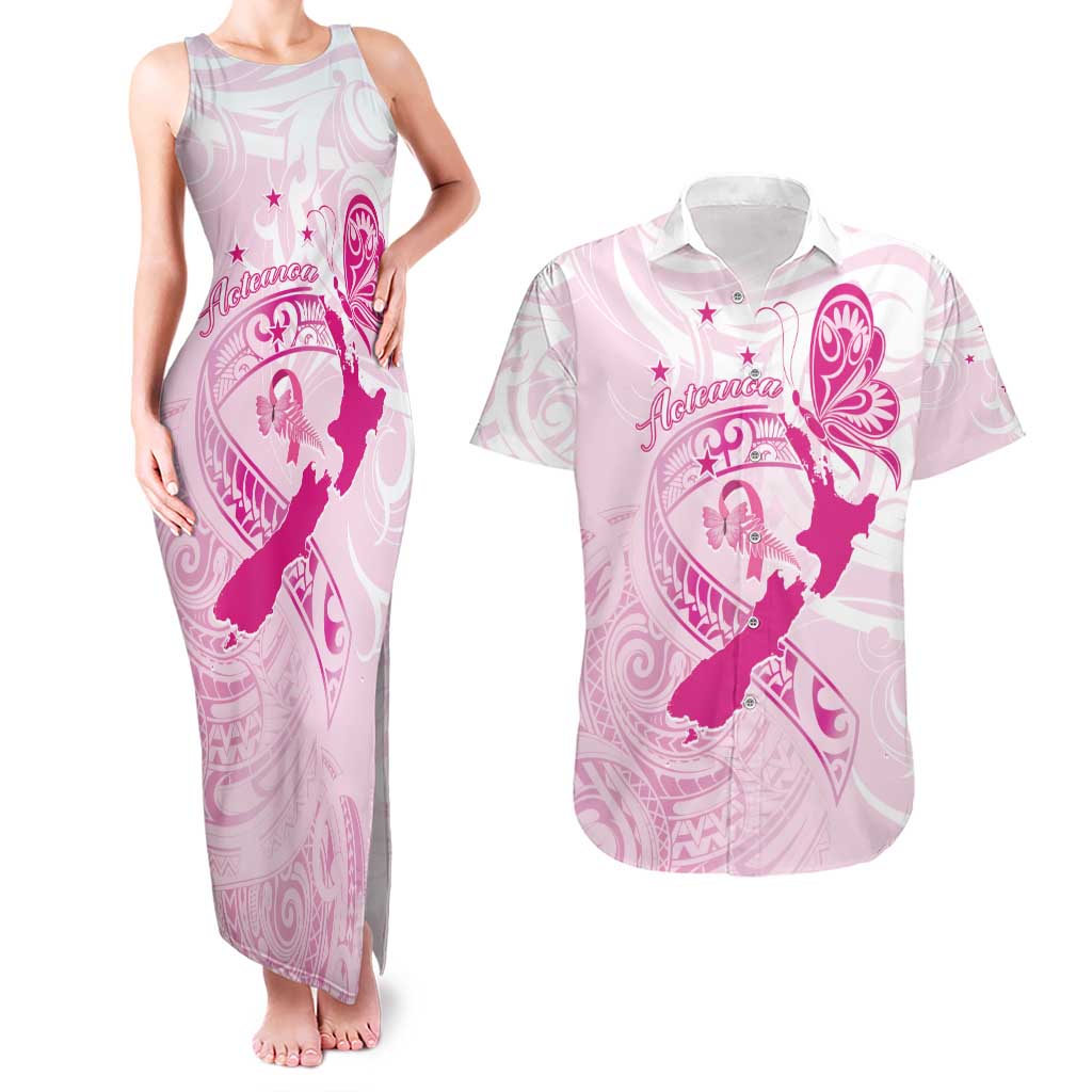 Personalised Aotearoa Breast Cancer Couples Matching Tank Maxi Dress and Hawaiian Shirt New Zealand Maori Pattern