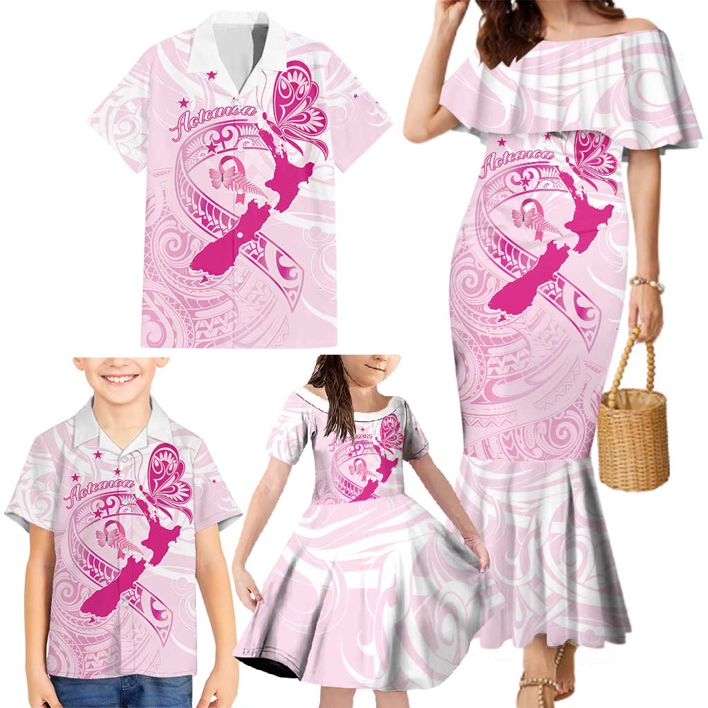 Personalised Aotearoa Breast Cancer Family Matching Mermaid Dress and Hawaiian Shirt New Zealand Maori Pattern LT01 - Polynesian Pride