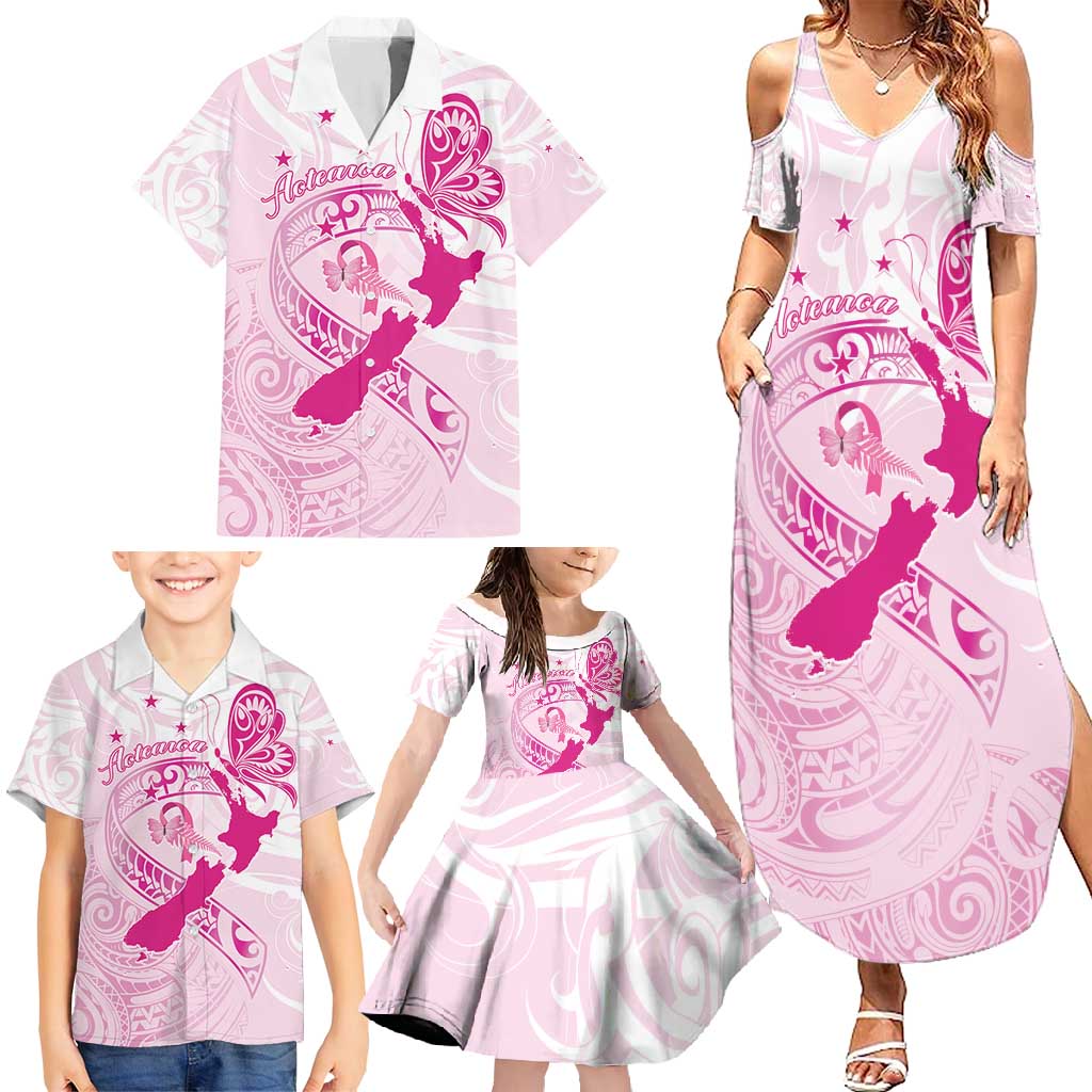Personalised Aotearoa Breast Cancer Family Matching Summer Maxi Dress and Hawaiian Shirt New Zealand Maori Pattern LT01 - Polynesian Pride