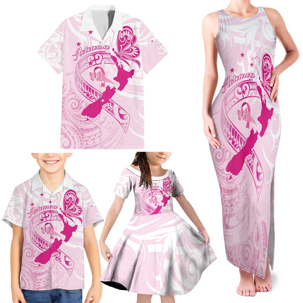 Personalised Aotearoa Breast Cancer Family Matching Tank Maxi Dress and Hawaiian Shirt New Zealand Maori Pattern