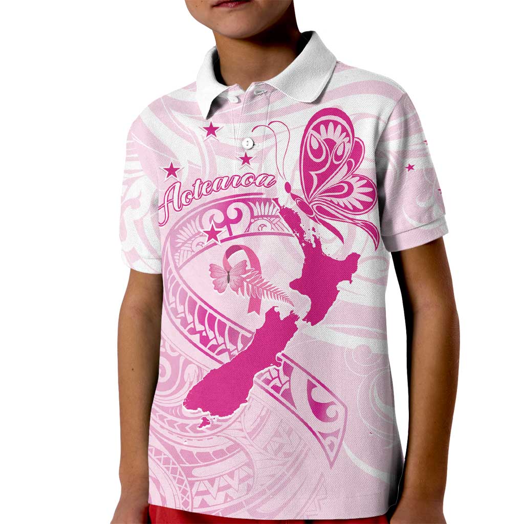 Personalised Aotearoa Breast Cancer Kid Polo Shirt New Zealand Maori Pattern