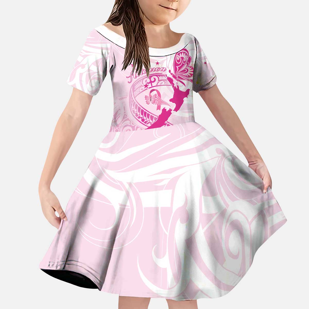 Personalised Aotearoa Breast Cancer Kid Short Sleeve Dress New Zealand Maori Pattern