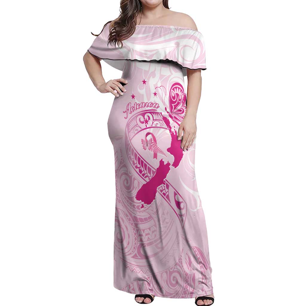 Personalised Aotearoa Breast Cancer Off Shoulder Maxi Dress New Zealand Maori Pattern LT01 Women Pink - Polynesian Pride