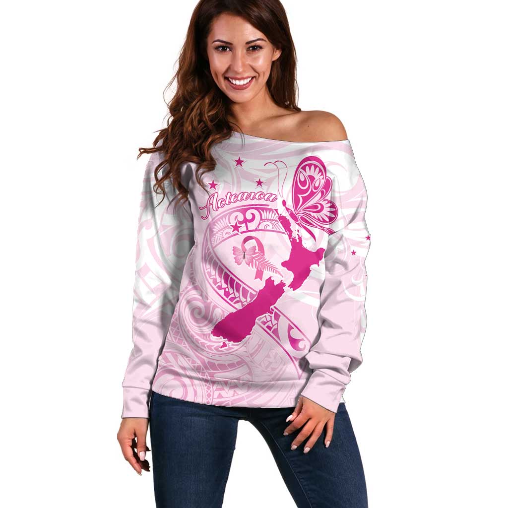 Personalised Aotearoa Breast Cancer Off Shoulder Sweater New Zealand Maori Pattern