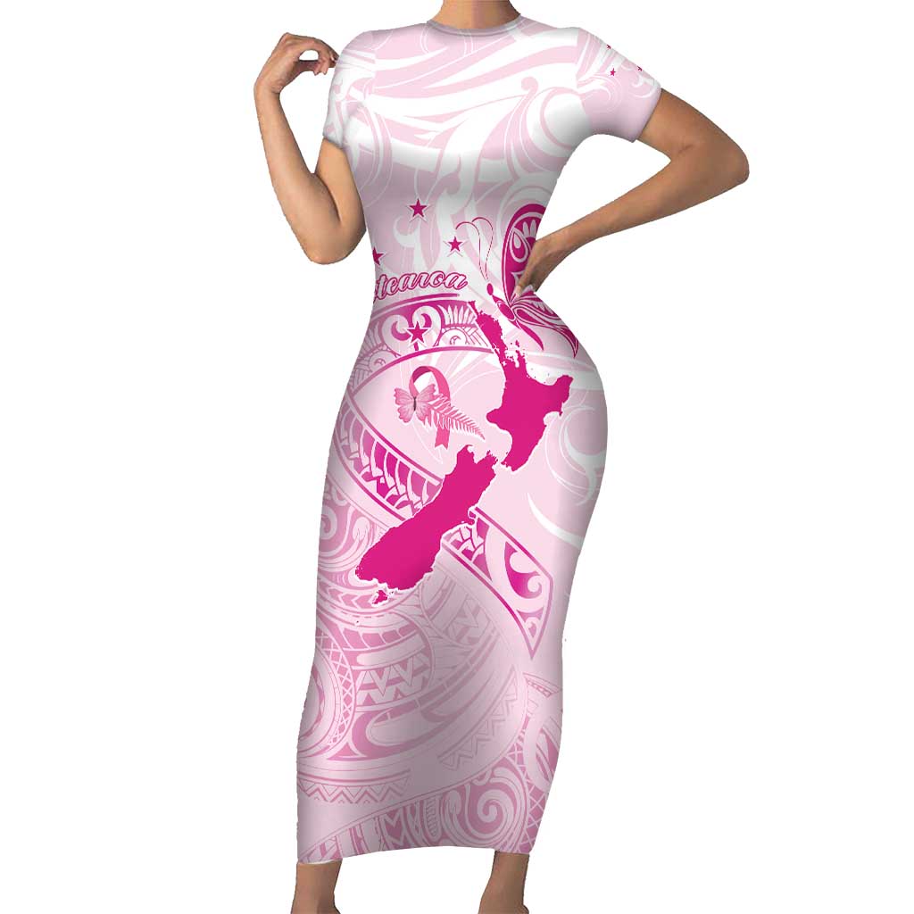 Personalised Aotearoa Breast Cancer Short Sleeve Bodycon Dress New Zealand Maori Pattern