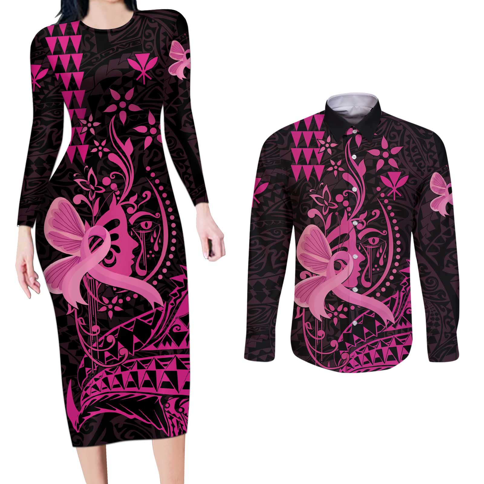 Hawaii Breast Cancer Couples Matching Long Sleeve Bodycon Dress and Long Sleeve Button Shirt Girl Floral Kakau Pattern