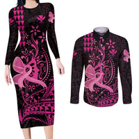 Hawaii Breast Cancer Couples Matching Long Sleeve Bodycon Dress and Long Sleeve Button Shirt Girl Floral Kakau Pattern