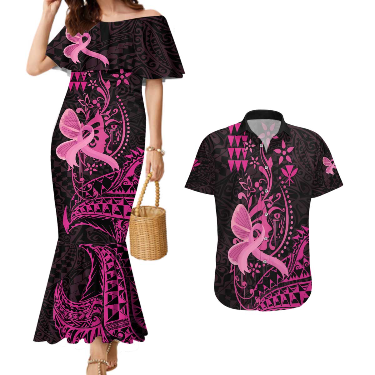 Hawaii Breast Cancer Couples Matching Mermaid Dress and Hawaiian Shirt Girl Floral Kakau Pattern