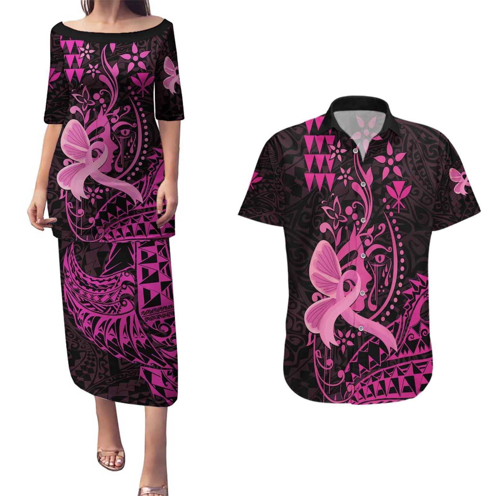 Hawaii Breast Cancer Couples Matching Puletasi and Hawaiian Shirt Girl Floral Kakau Pattern