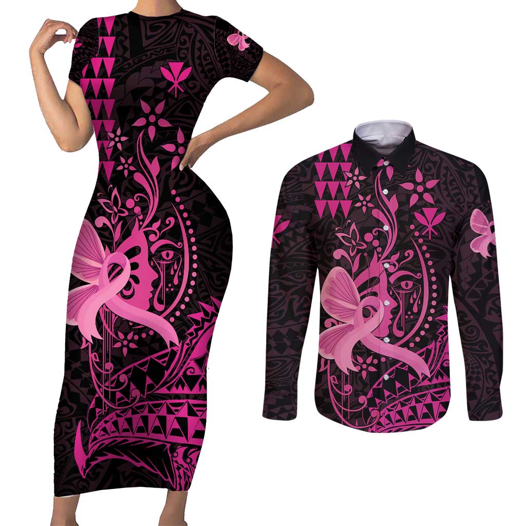 Hawaii Breast Cancer Couples Matching Short Sleeve Bodycon Dress and Long Sleeve Button Shirt Girl Floral Kakau Pattern