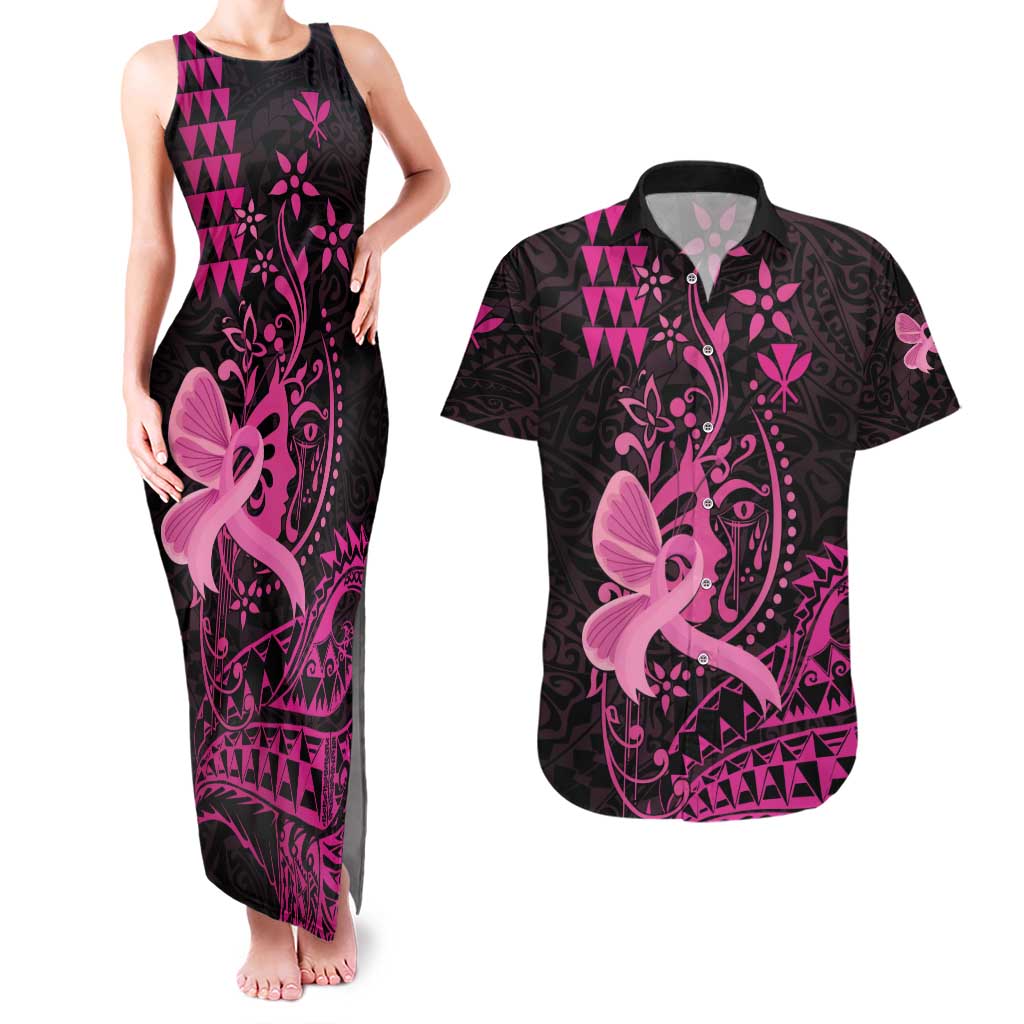 Hawaii Breast Cancer Couples Matching Tank Maxi Dress and Hawaiian Shirt Girl Floral Kakau Pattern
