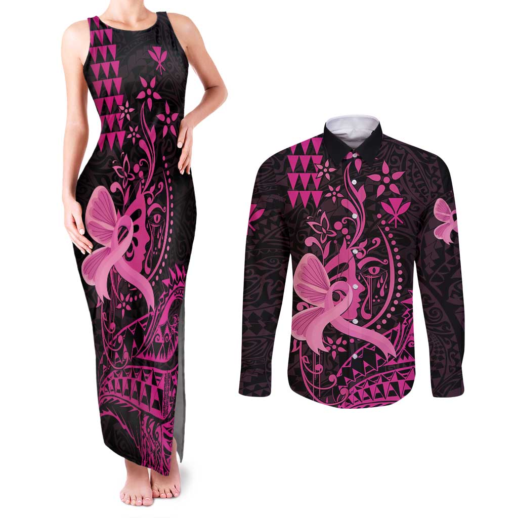 Hawaii Breast Cancer Couples Matching Tank Maxi Dress and Long Sleeve Button Shirt Girl Floral Kakau Pattern