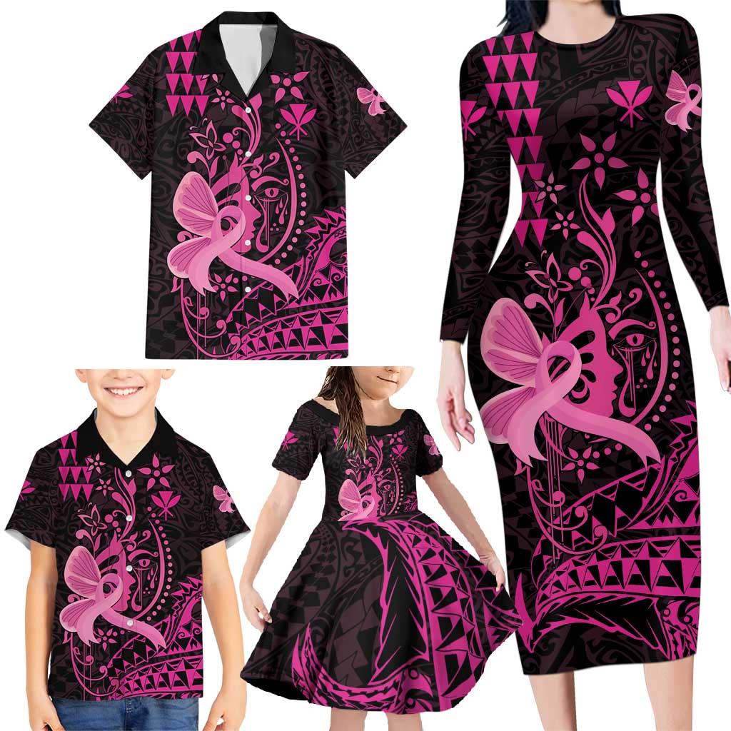 Hawaii Breast Cancer Family Matching Long Sleeve Bodycon Dress and Hawaiian Shirt Girl Floral Kakau Pattern