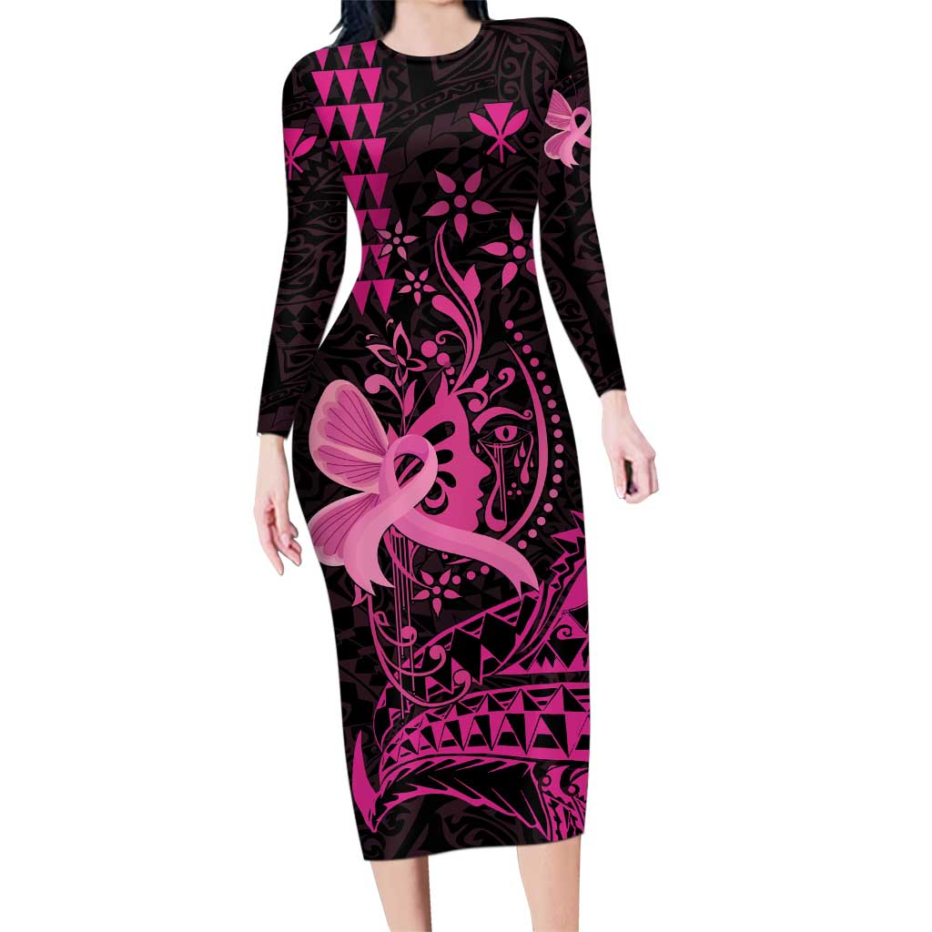 Hawaii Breast Cancer Family Matching Long Sleeve Bodycon Dress and Hawaiian Shirt Girl Floral Kakau Pattern