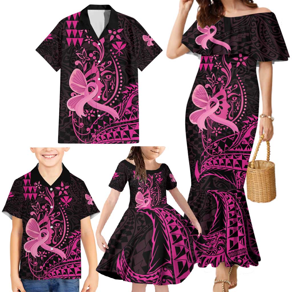 Hawaii Breast Cancer Family Matching Mermaid Dress and Hawaiian Shirt Girl Floral Kakau Pattern