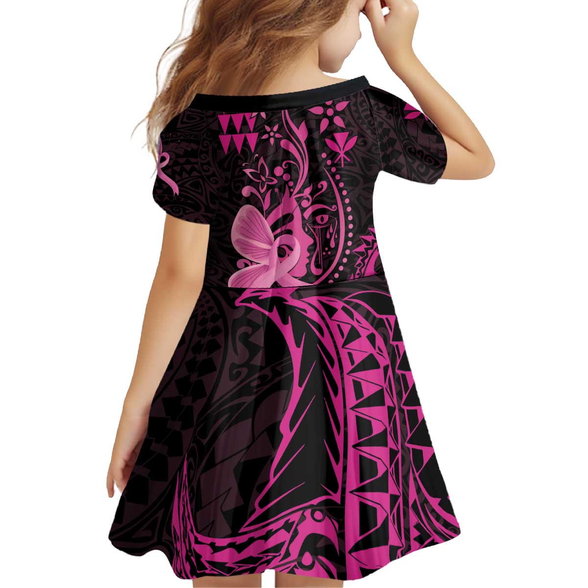 Hawaii Breast Cancer Family Matching Off Shoulder Short Dress and Hawaiian Shirt Girl Floral Kakau Pattern