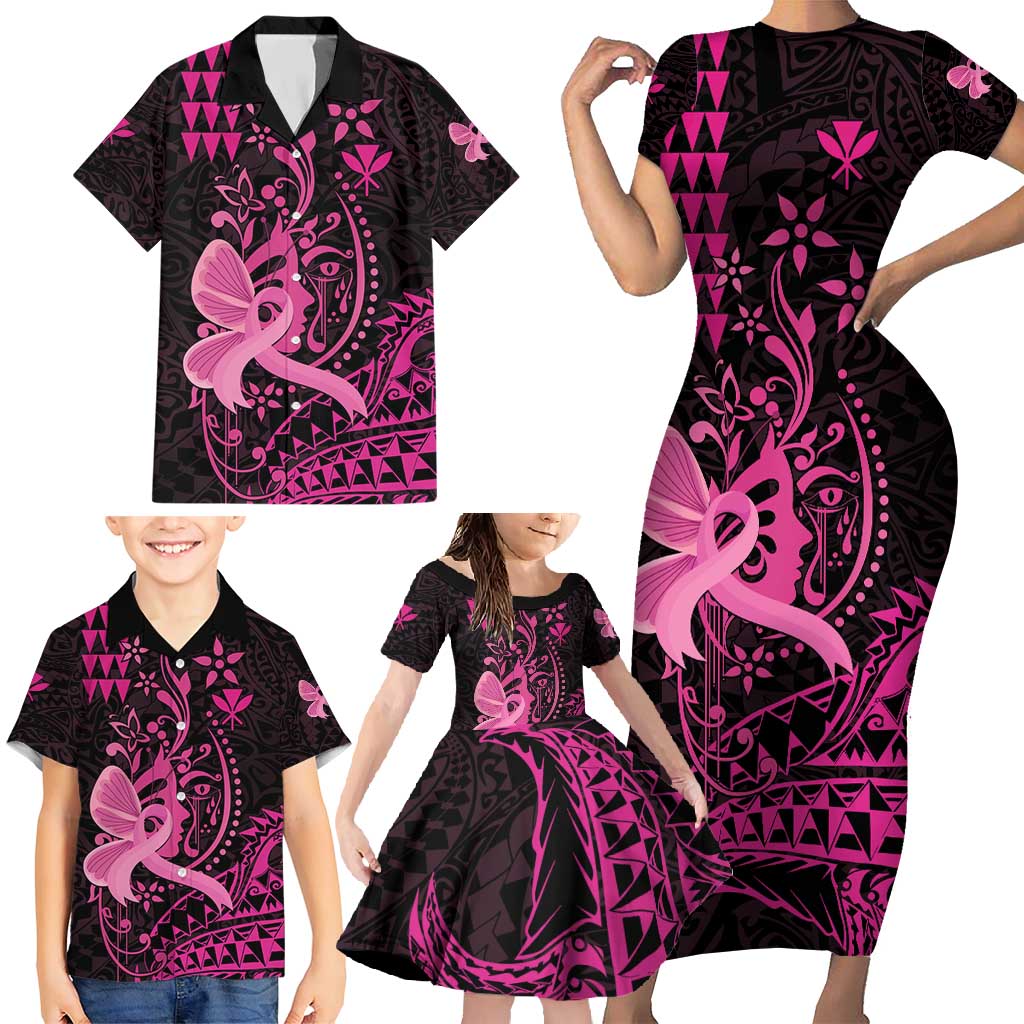 Hawaii Breast Cancer Family Matching Short Sleeve Bodycon Dress and Hawaiian Shirt Girl Floral Kakau Pattern