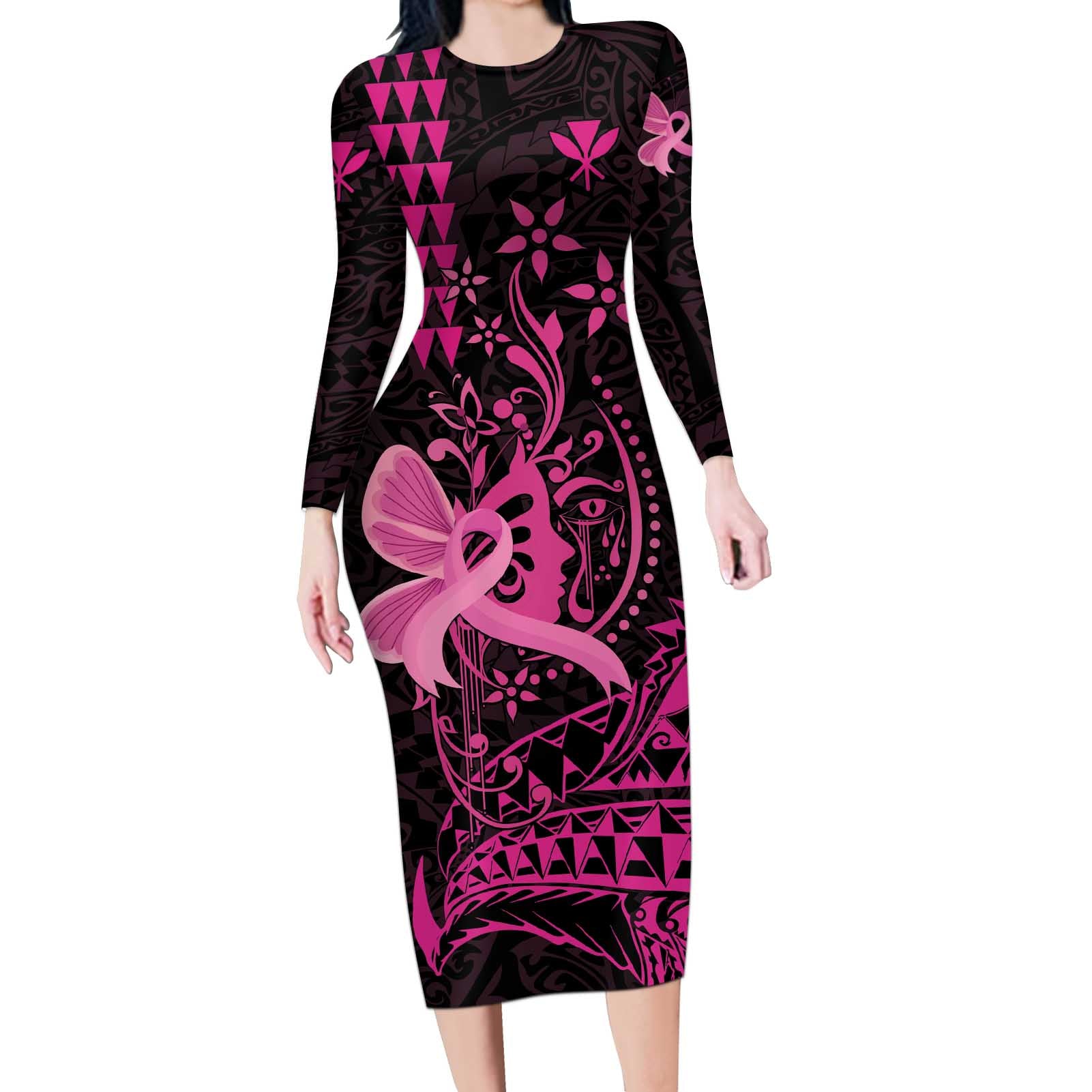 Hawaii Breast Cancer Long Sleeve Bodycon Dress Girl Floral Kakau Pattern