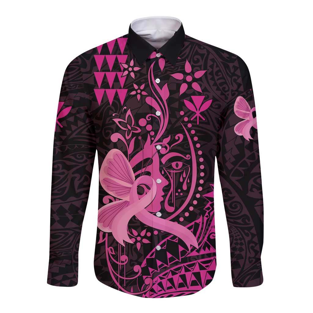 Hawaii Breast Cancer Long Sleeve Button Shirt Girl Floral Kakau Pattern