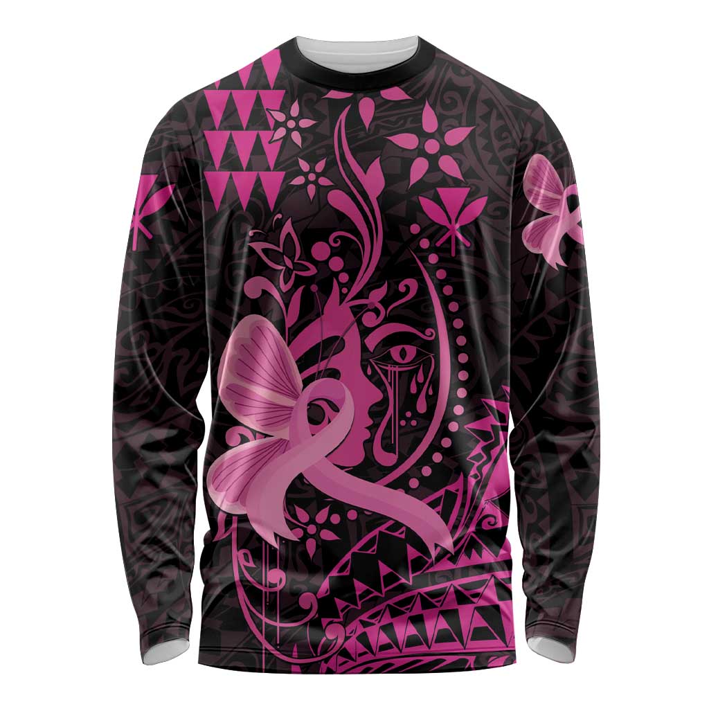 Hawaii Breast Cancer Long Sleeve Shirt Girl Floral Kakau Pattern