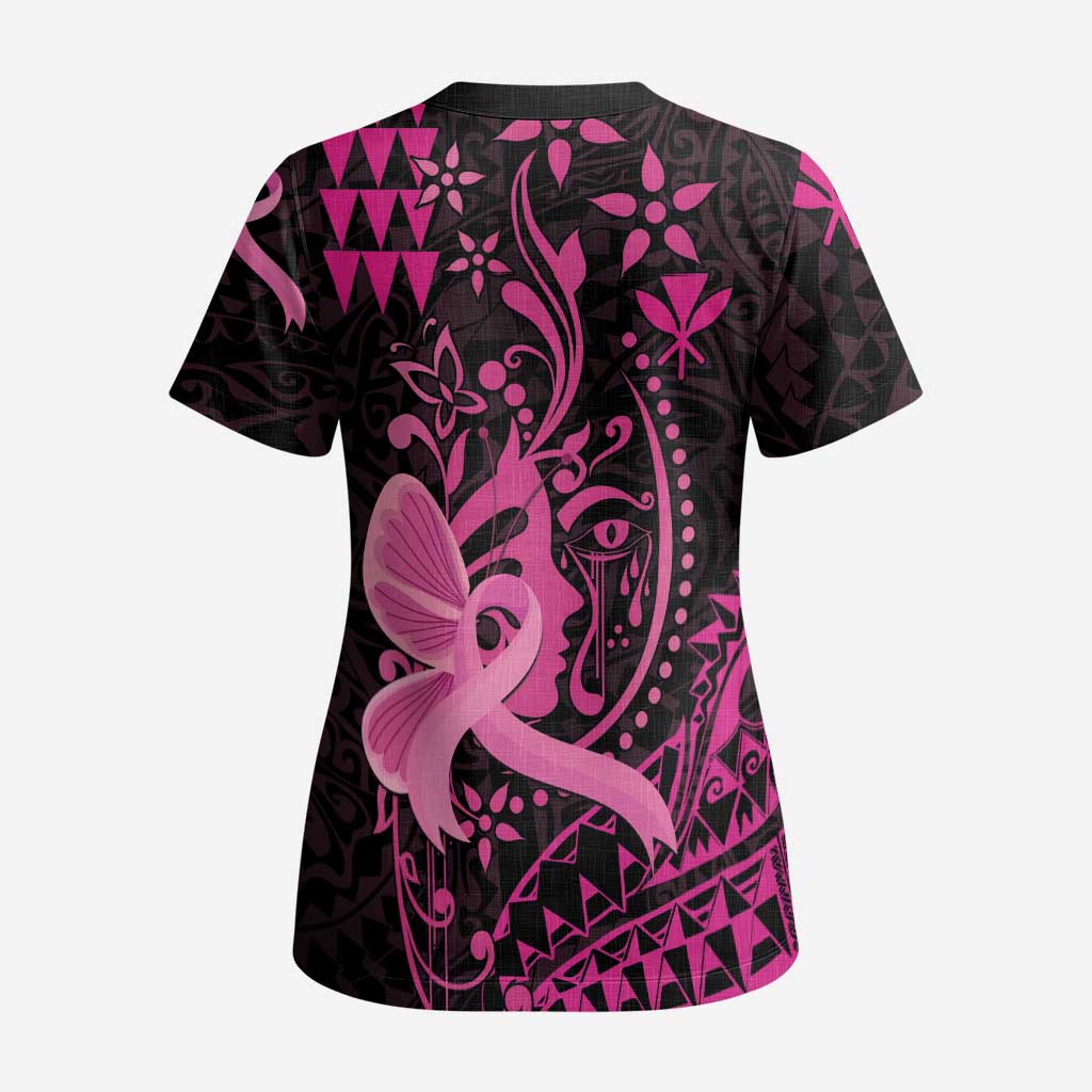 Hawaii Breast Cancer Scrub Top Girl Floral Kakau Pattern - Polynesian Pride
