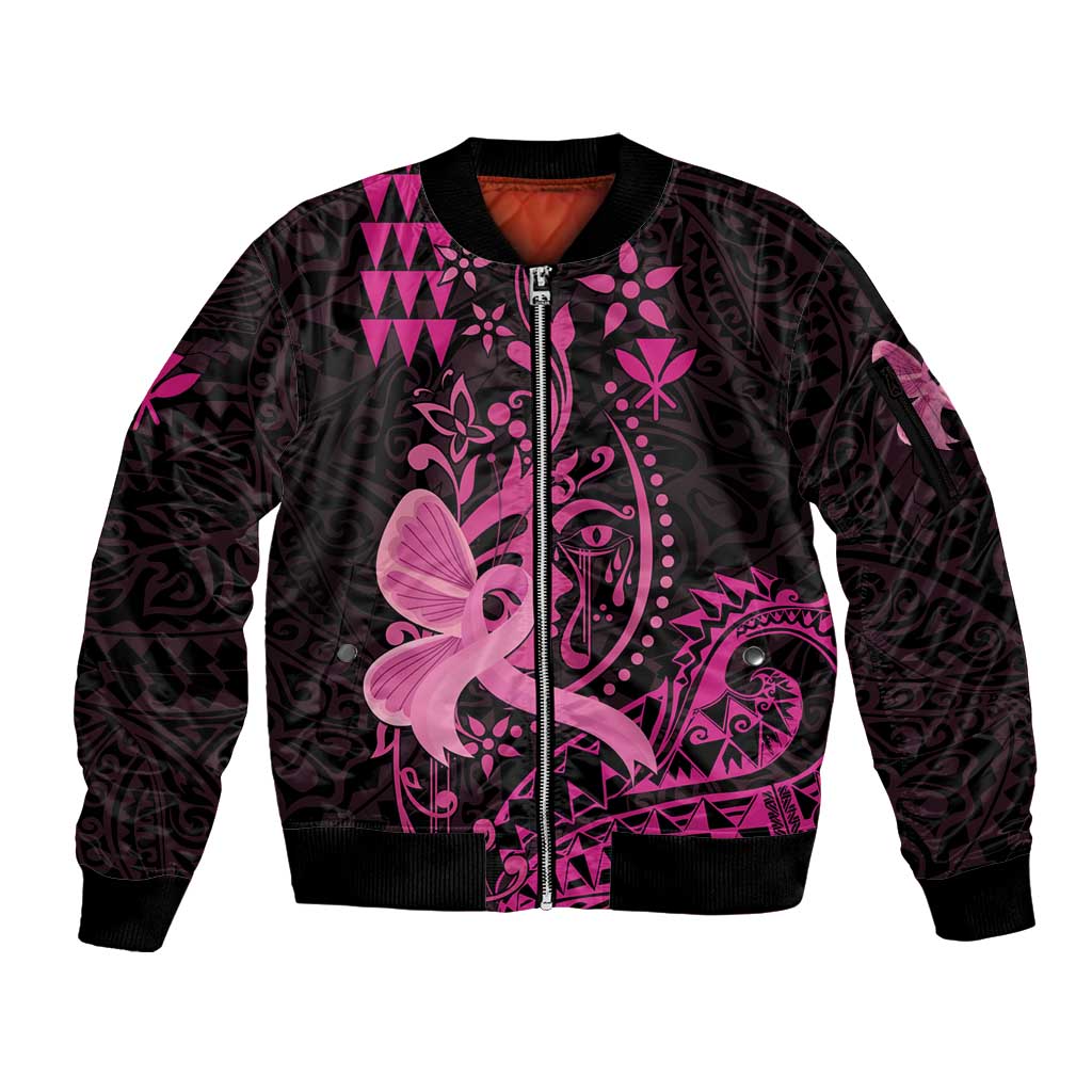 Hawaii Breast Cancer Sleeve Zip Bomber Jacket Girl Floral Kakau Pattern