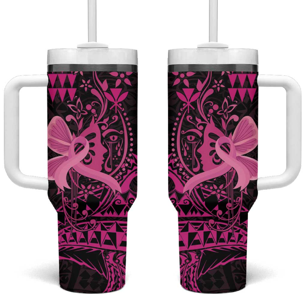 Hawaii Breast Cancer Tumbler With Handle Girl Floral Kakau Pattern