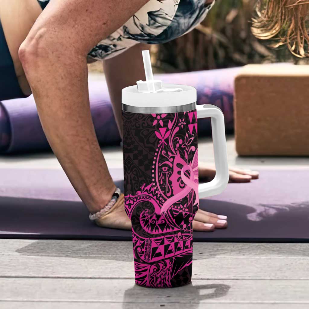 Hawaii Breast Cancer Tumbler With Handle Girl Floral Kakau Pattern