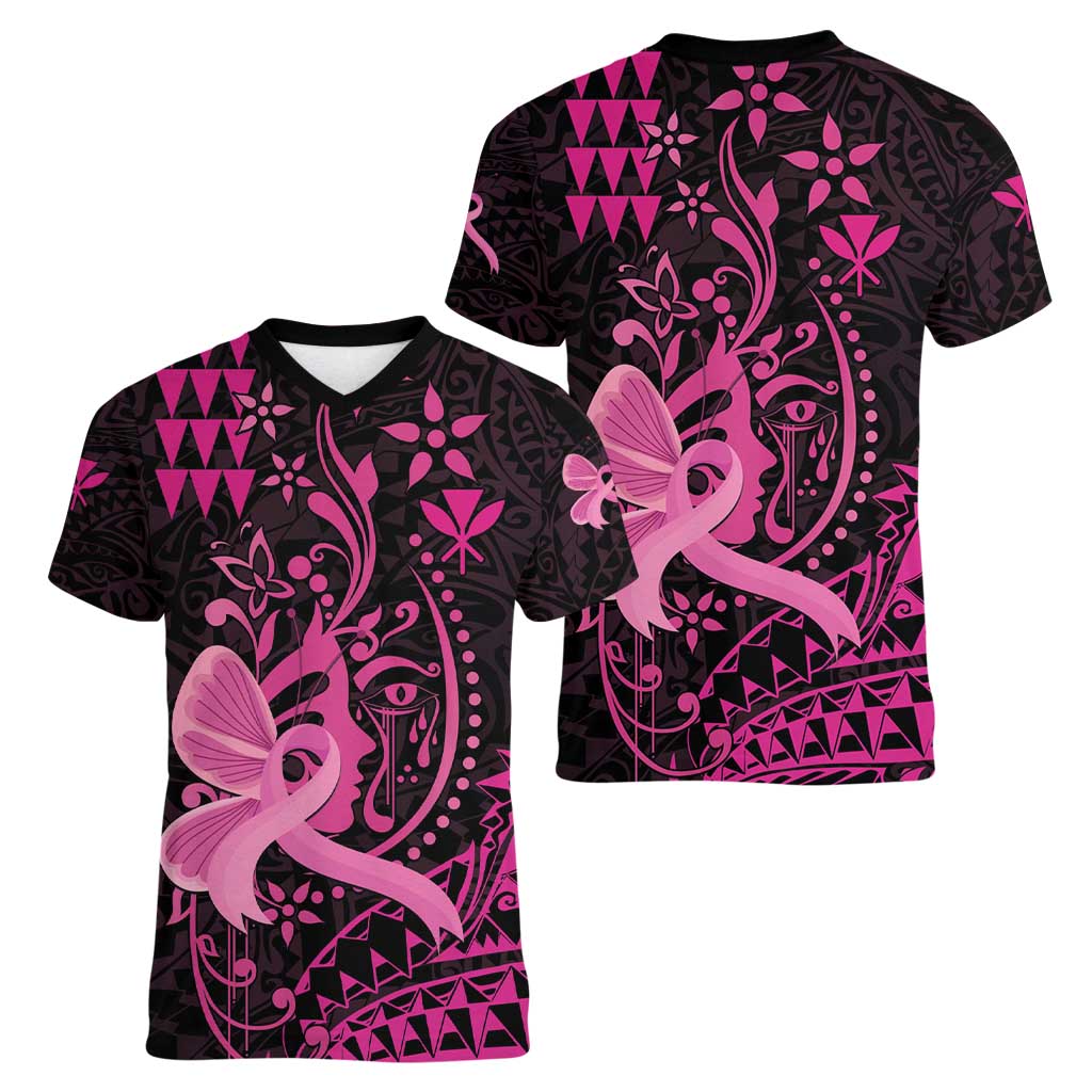 Hawaii Breast Cancer Women V-Neck T-Shirt Girl Floral Kakau Pattern