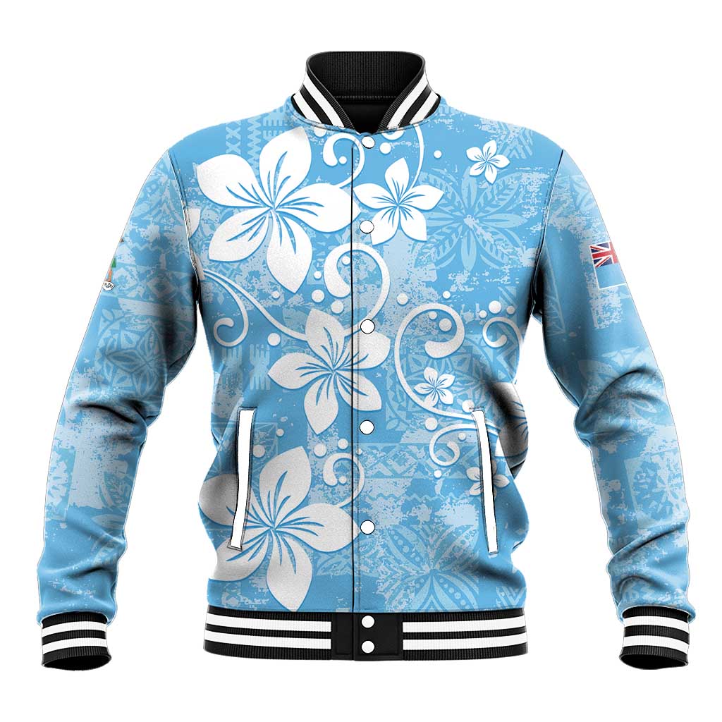 Fiji Tapa Pattern Baseball Jacket Plumeria Floral LT01 Unisex Blue - Polynesian Pride
