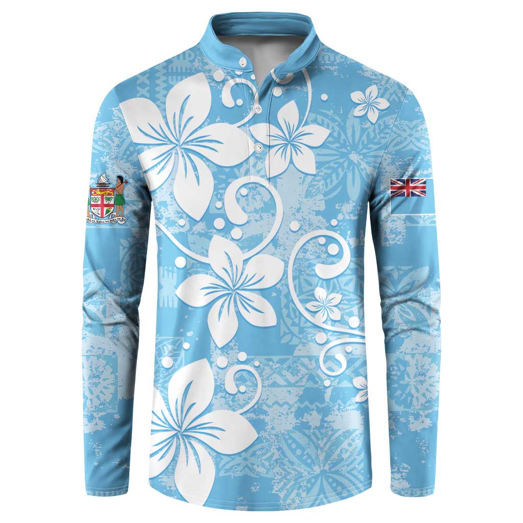 Fiji Tapa Pattern Button Sweatshirt Plumeria Floral LT01 Blue - Polynesian Pride