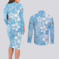 Fiji Tapa Pattern Couples Matching Long Sleeve Bodycon Dress and Long Sleeve Button Shirt Plumeria Floral LT01 - Polynesian Pride