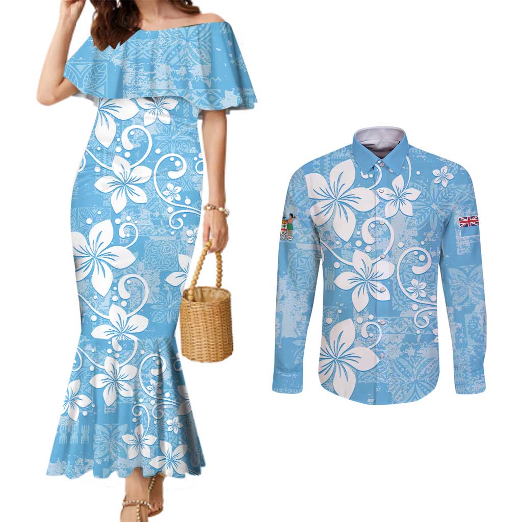 Fiji Tapa Pattern Couples Matching Mermaid Dress and Long Sleeve Button Shirt Plumeria Floral