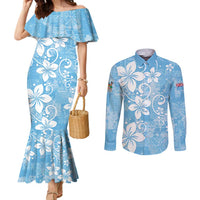 Fiji Tapa Pattern Couples Matching Mermaid Dress and Long Sleeve Button Shirt Plumeria Floral LT01 Blue - Polynesian Pride