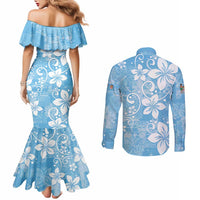 Fiji Tapa Pattern Couples Matching Mermaid Dress and Long Sleeve Button Shirt Plumeria Floral LT01 - Polynesian Pride