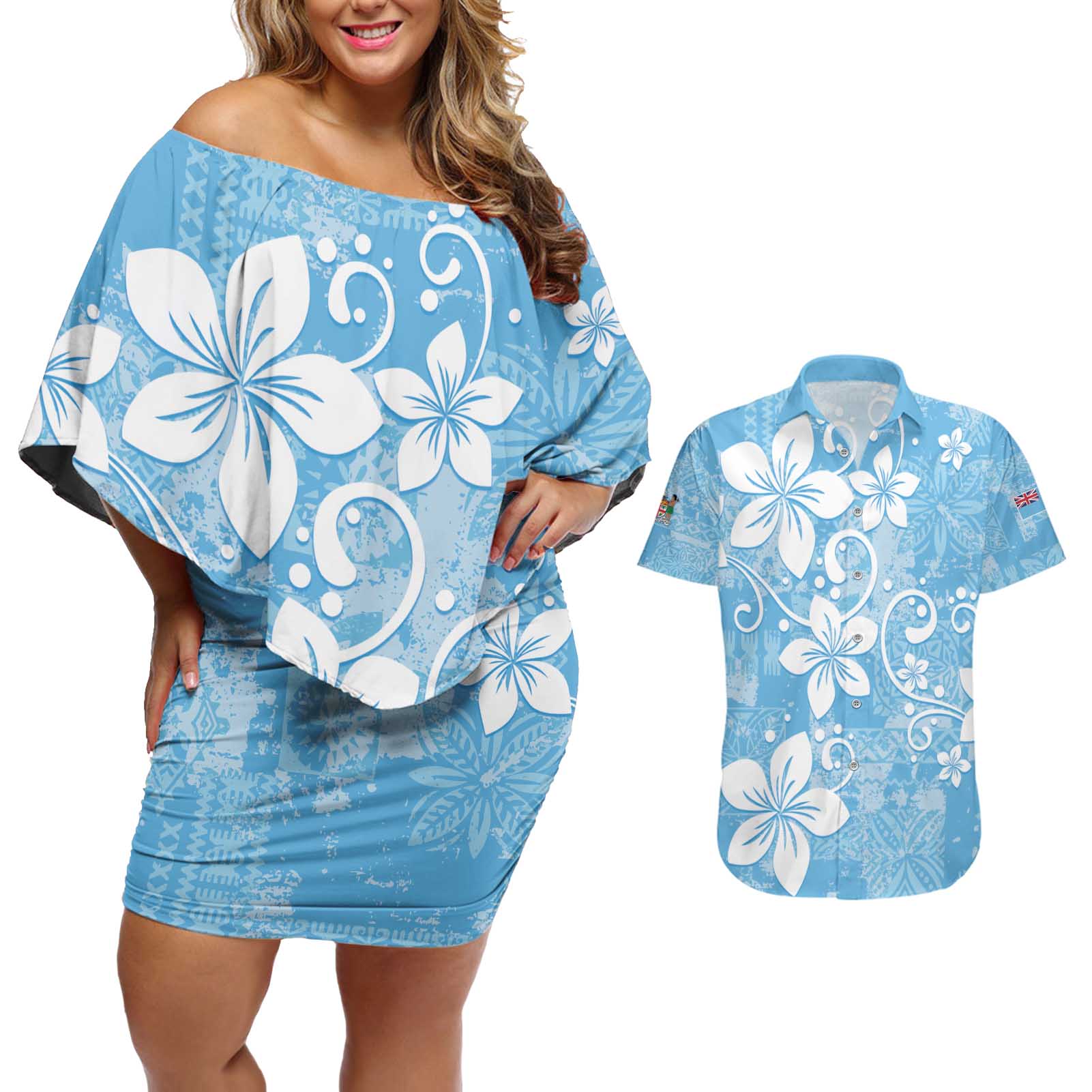 Fiji Tapa Pattern Couples Matching Off Shoulder Short Dress and Hawaiian Shirt Plumeria Floral