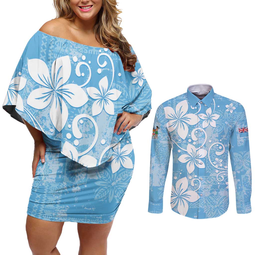 Fiji Tapa Pattern Couples Matching Off Shoulder Short Dress and Long Sleeve Button Shirt Plumeria Floral