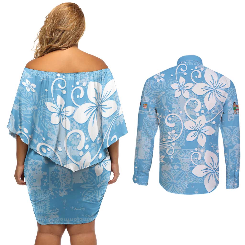 Fiji Tapa Pattern Couples Matching Off Shoulder Short Dress and Long Sleeve Button Shirt Plumeria Floral