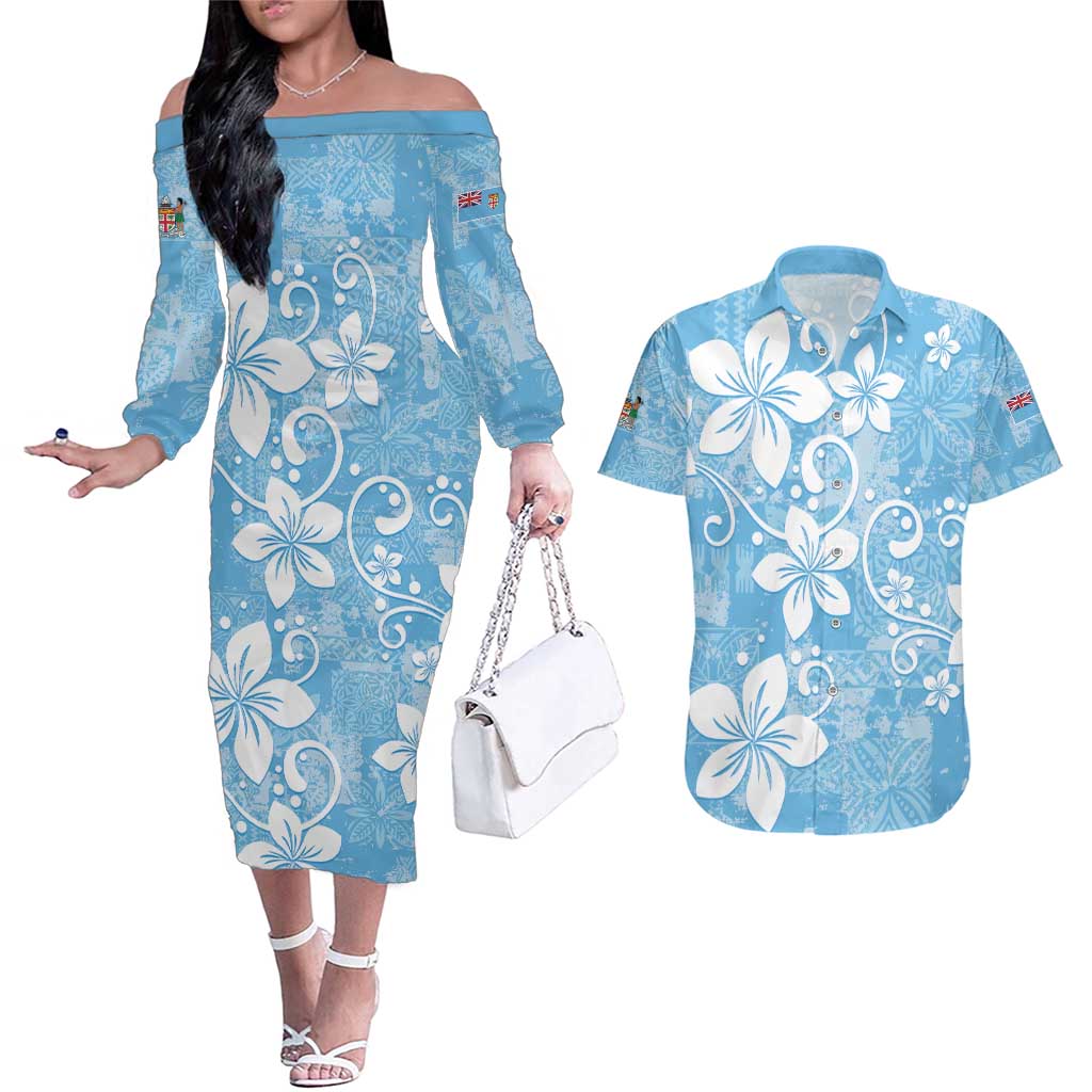 Fiji Tapa Pattern Couples Matching Off The Shoulder Long Sleeve Dress and Hawaiian Shirt Plumeria Floral