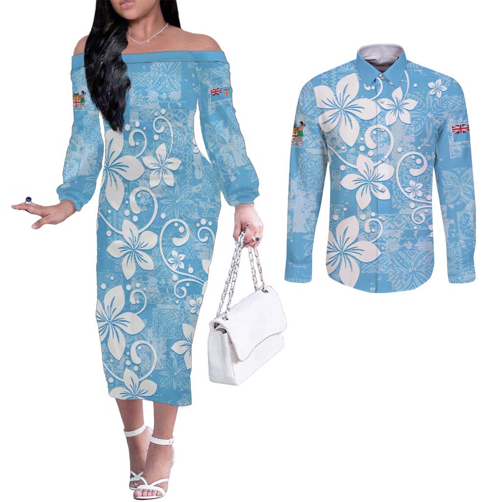 Fiji Tapa Pattern Couples Matching Off The Shoulder Long Sleeve Dress and Long Sleeve Button Shirt Plumeria Floral