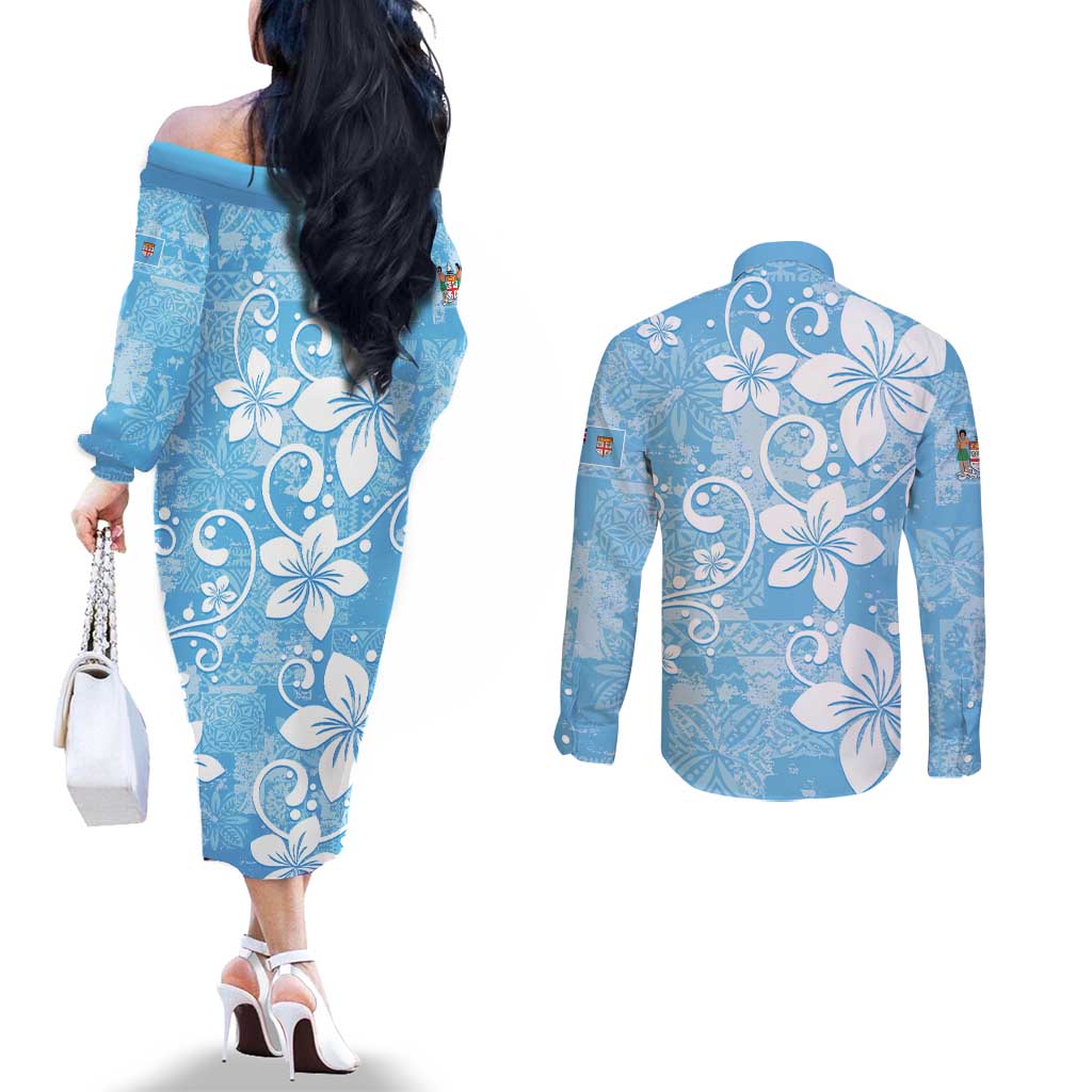 Fiji Tapa Pattern Couples Matching Off The Shoulder Long Sleeve Dress and Long Sleeve Button Shirt Plumeria Floral LT01 - Polynesian Pride
