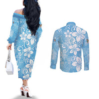 Fiji Tapa Pattern Couples Matching Off The Shoulder Long Sleeve Dress and Long Sleeve Button Shirt Plumeria Floral LT01 - Polynesian Pride