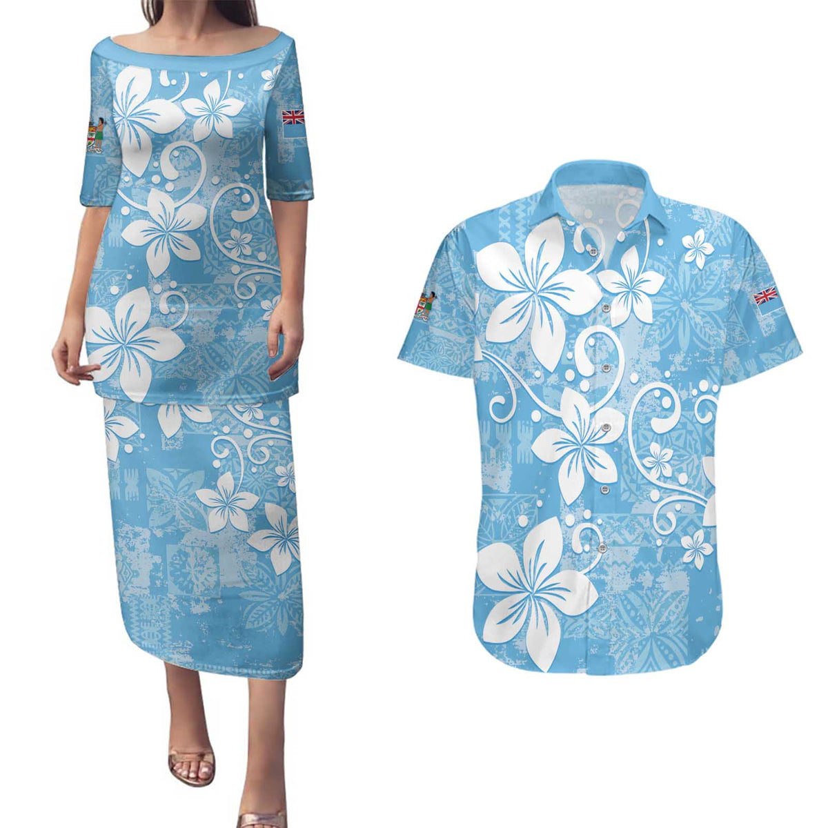 Fiji Tapa Pattern Couples Matching Puletasi and Hawaiian Shirt Plumeria Floral LT01 Blue - Polynesian Pride