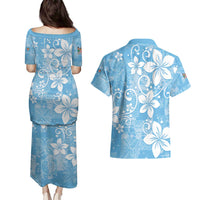 Fiji Tapa Pattern Couples Matching Puletasi and Hawaiian Shirt Plumeria Floral LT01 - Polynesian Pride