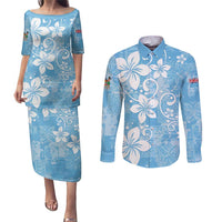 Fiji Tapa Pattern Couples Matching Puletasi and Long Sleeve Button Shirt Plumeria Floral LT01 Blue - Polynesian Pride